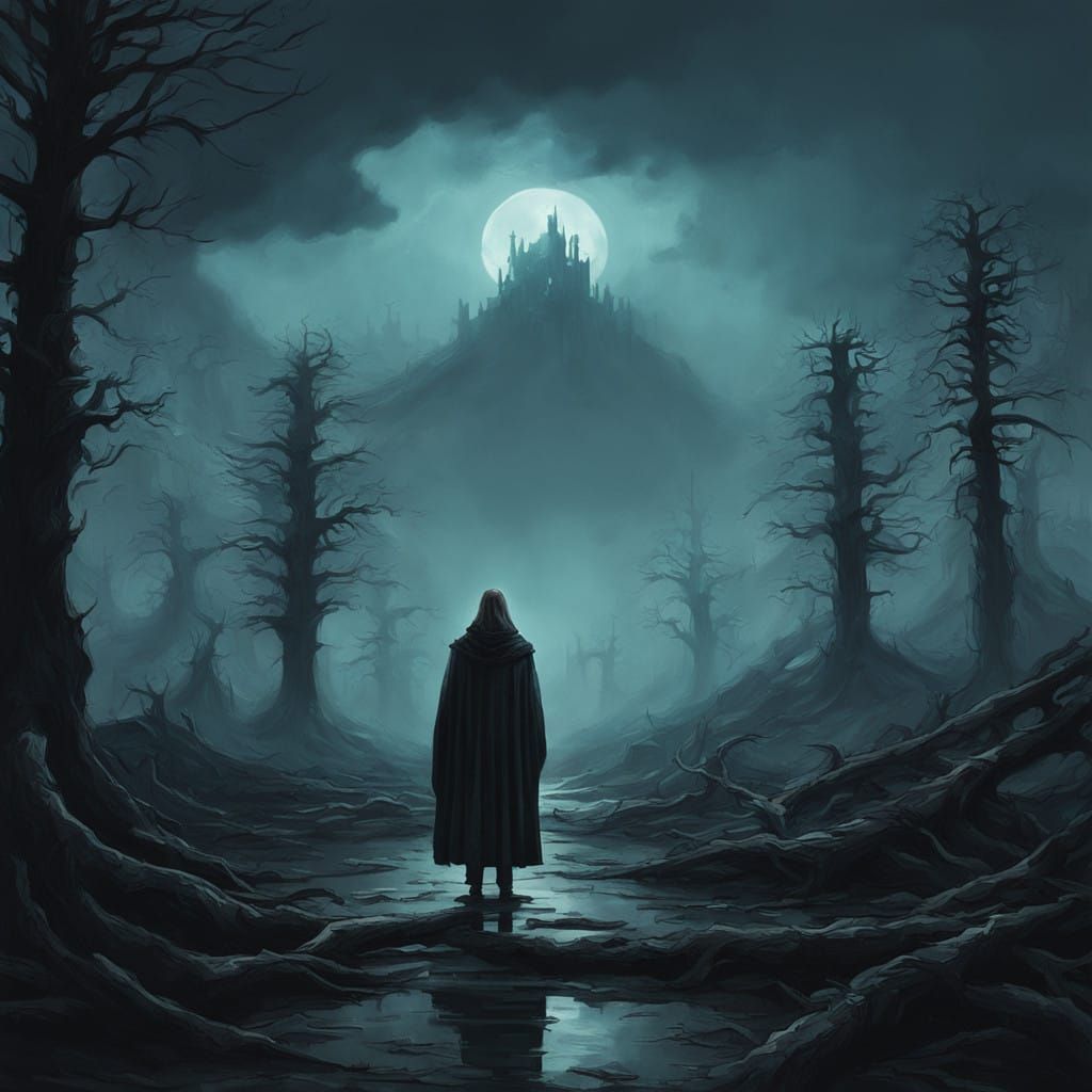 Dark, Ominous Woman in Ruined Landscape, in the Style of Bek...
