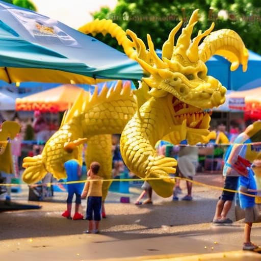 A giant butter sculpture of a dragon is melting in the hot s...