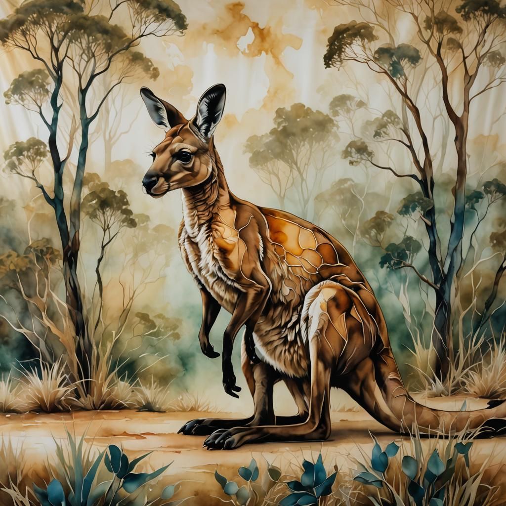 Hyperrealistic Orphism Kangaroo on Silk