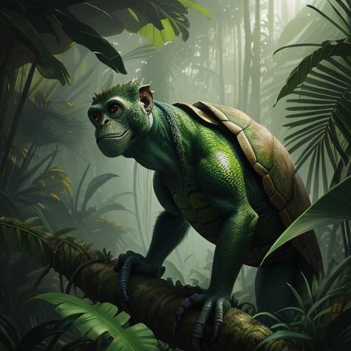 Luminous Turtle-Monkey Emerges from the Jungle Foliage