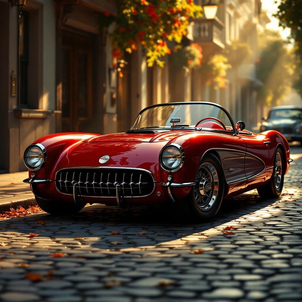 Retro-Futuristic 1950's Corvette on Cobblestone Street