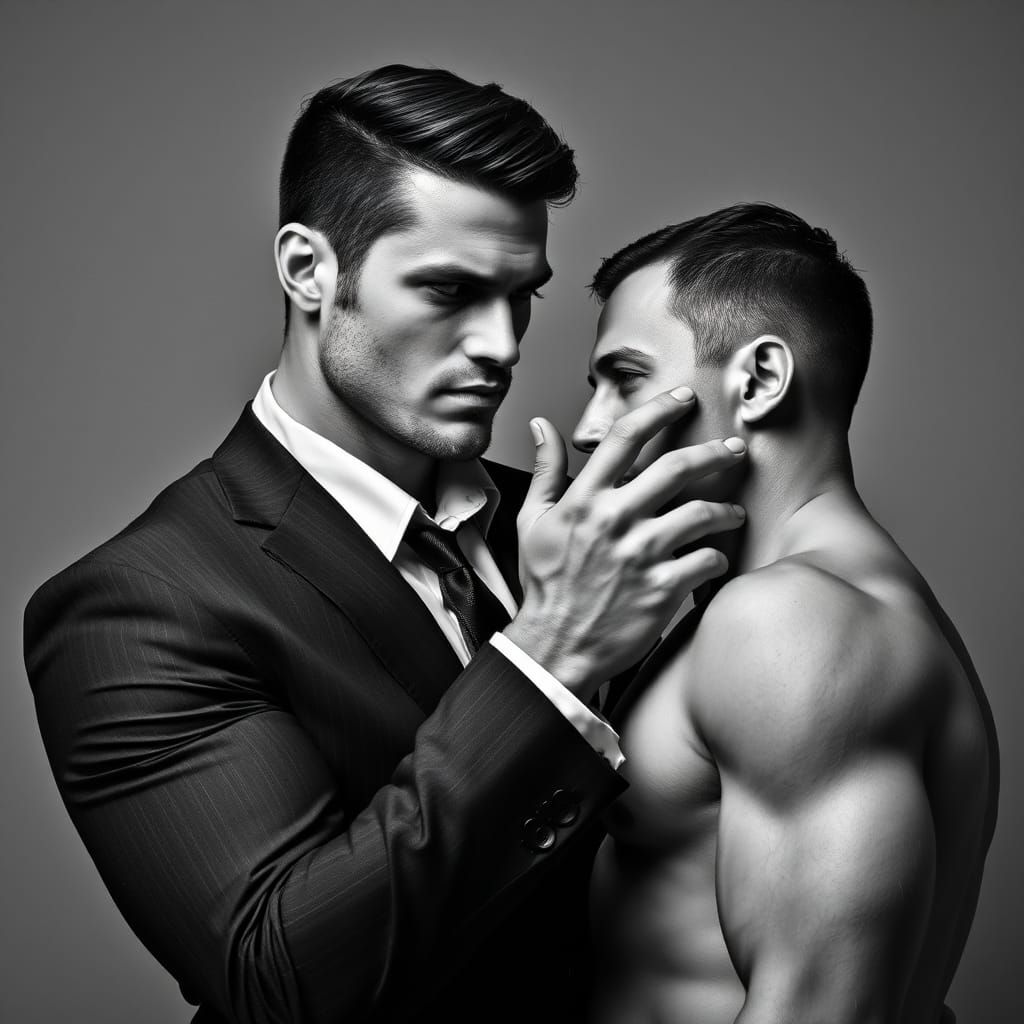 Monochrome Portrait of Enigmatic Man Silencing Another