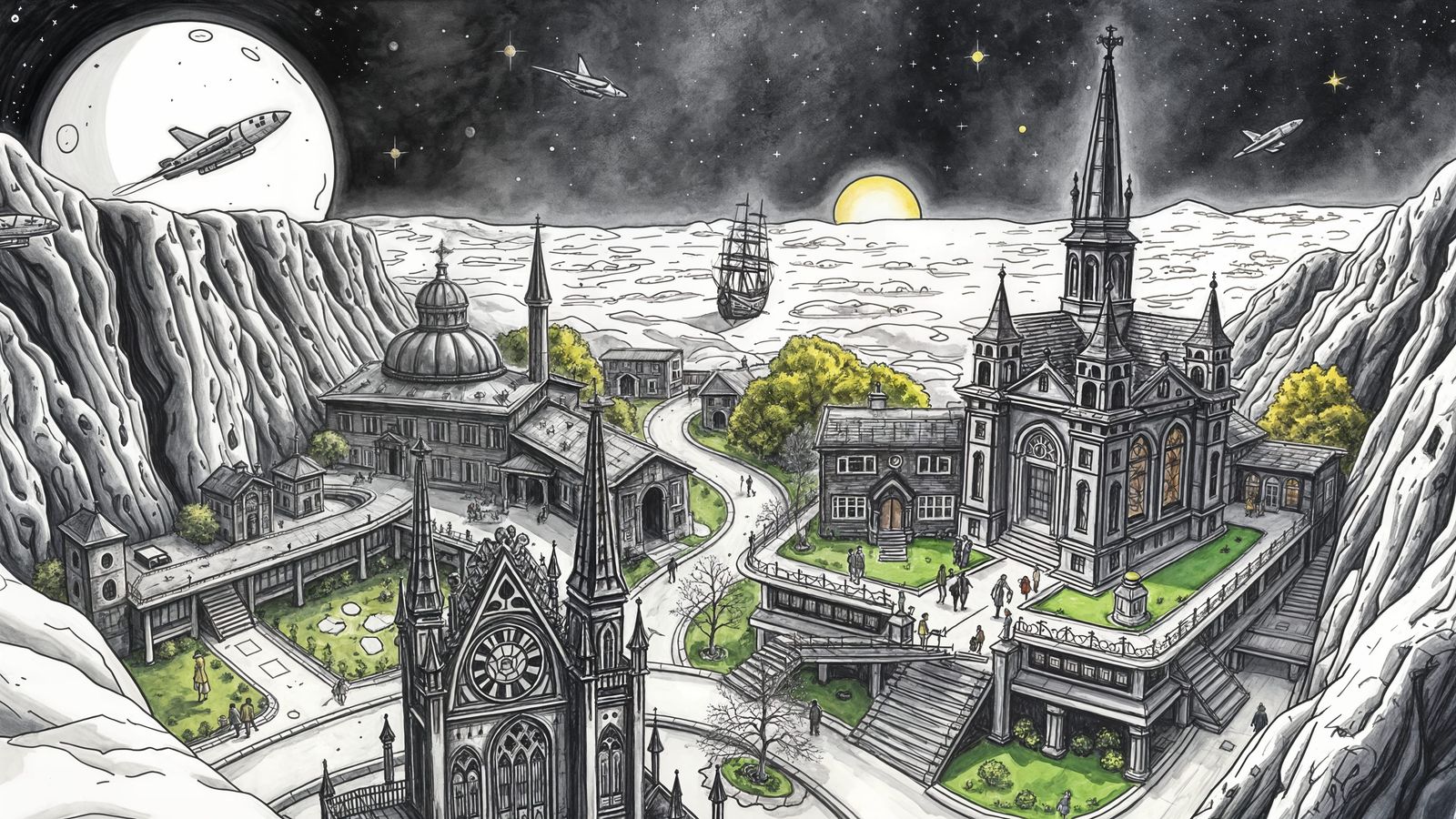 Intricate Steam Punk Village on the Moon's Surface, as Black...