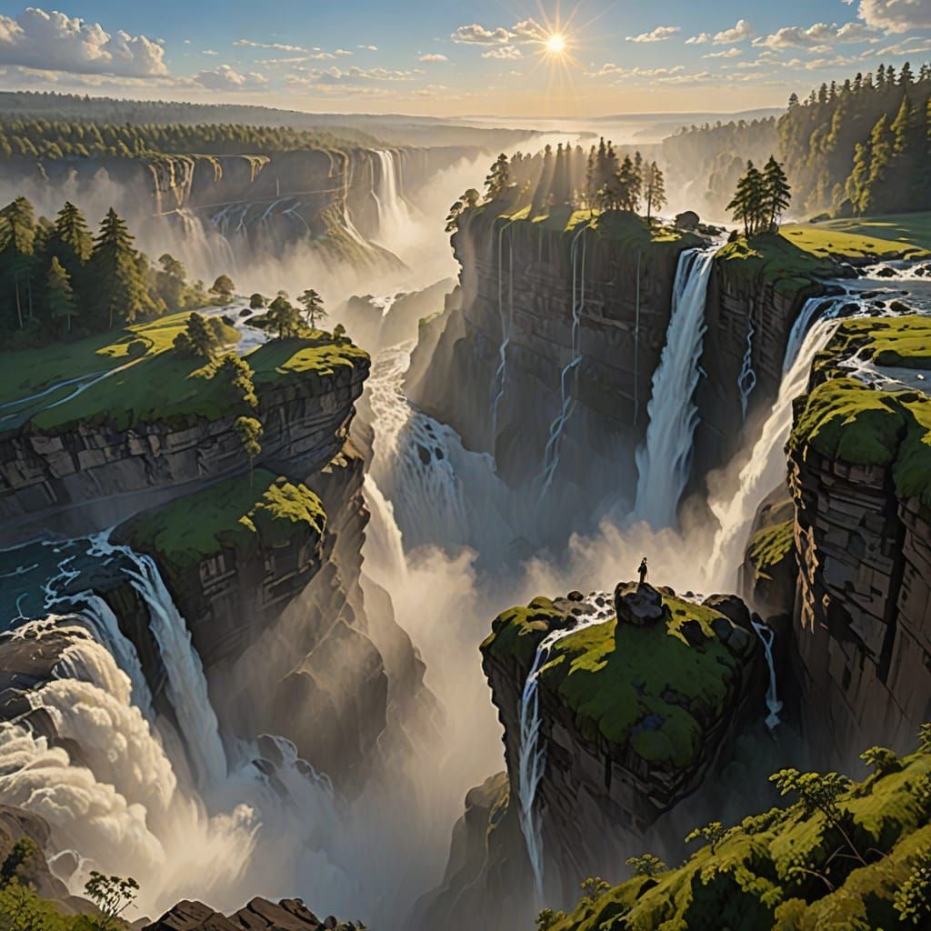 Vertigo Art: Waterfall Cliff with Swirling Fog