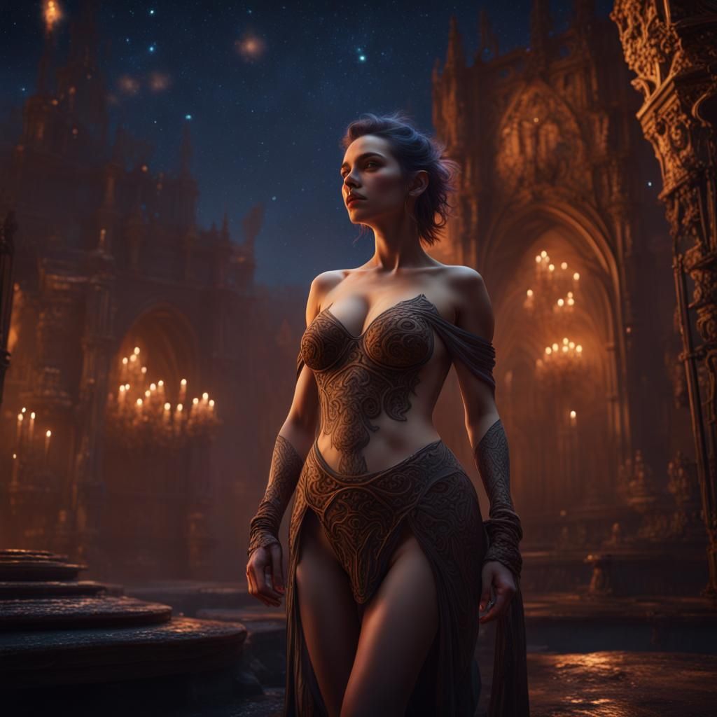 Starry Night with Nude Woman: Detailed Fantasy Art