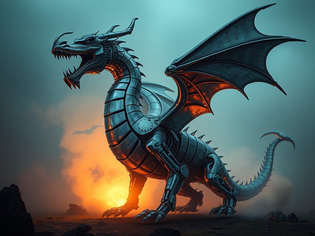 Majestic Chrome Dragon in Industrial Fantasy Style