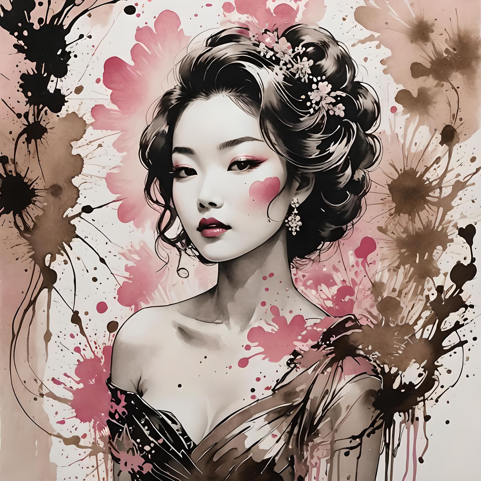 Sumi-e Portrait with Diluted Inks in Pop Art Style