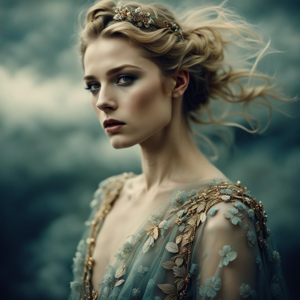 Ethereal Portrait: Woman Merging with Stormy Clouds