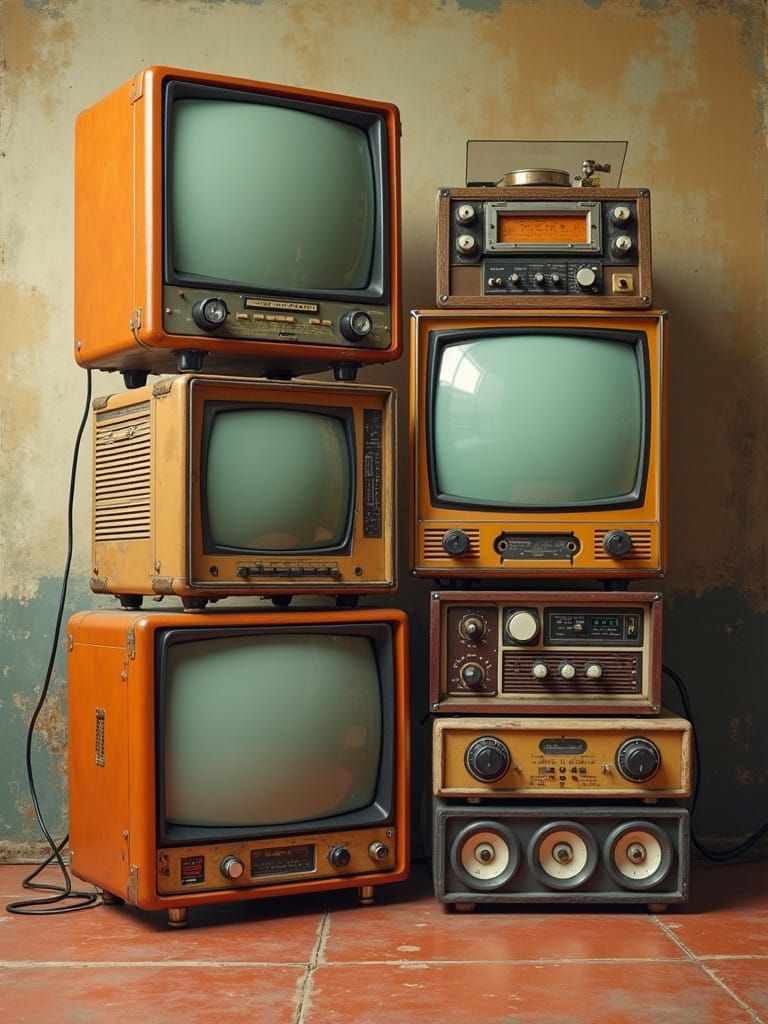 Retro Futuristic Televisions and Vintage Music Gear in Bold ...