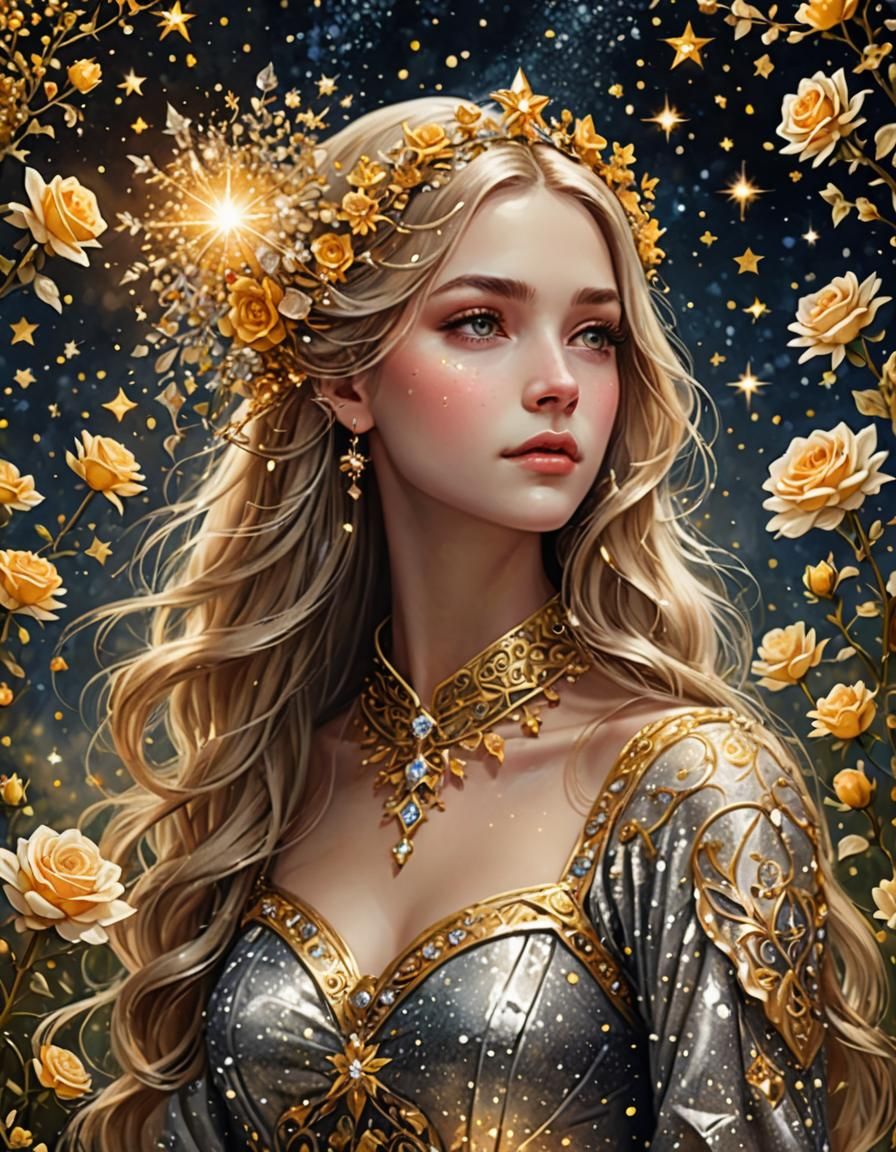 Fairytale Woman with Golden Hair and Glittering Clothes