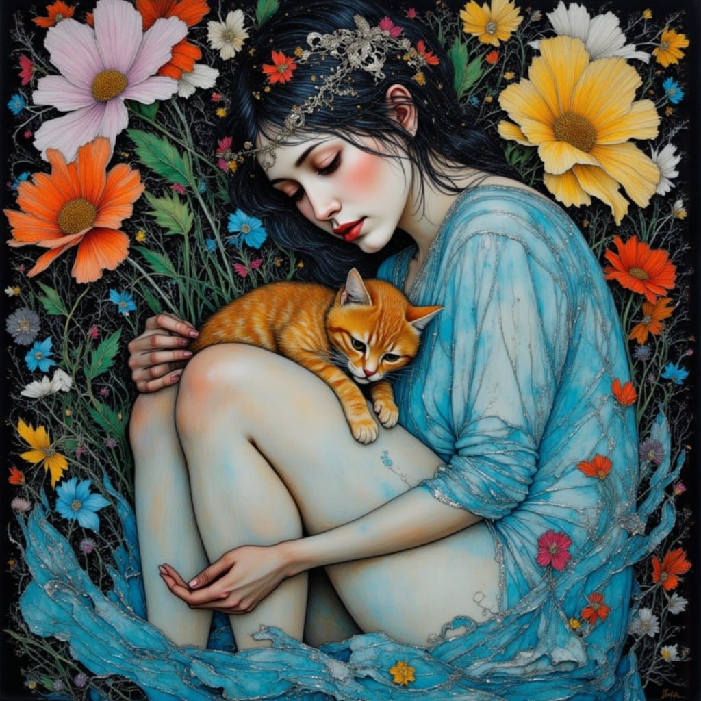 Ethereal Woman with Cat Amidst Giant Flowers and Stars