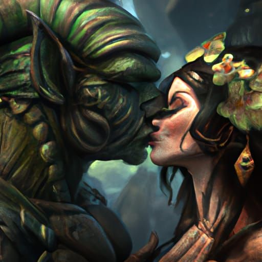 Orc and Fae Woman Kiss: Dark Fantasy Art