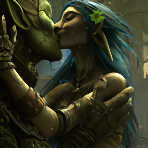 Orc Kissing Fae Woman in Dark Fantasy Style