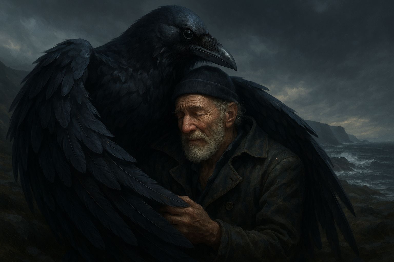 Raven Comforts Sailor in Hyperrealistic Digital Painting
