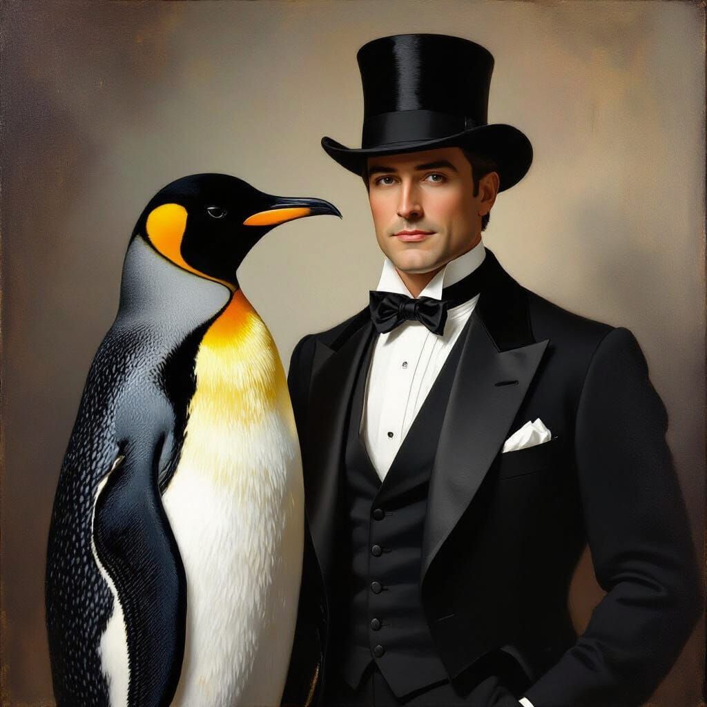 Gentleman and Penguin in Oil Painting Style