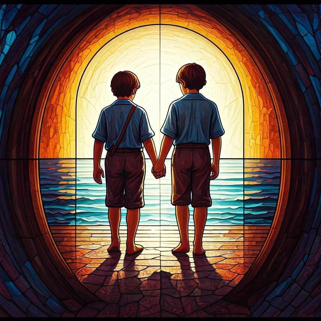 Two Boys Walking Along the Shore in Vibrant Stained Glass