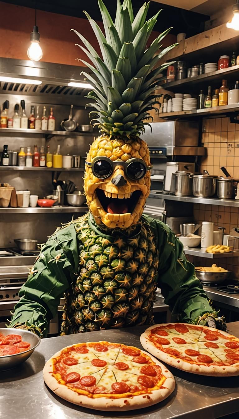 Humanoid Pineapple Chef Making Pizza