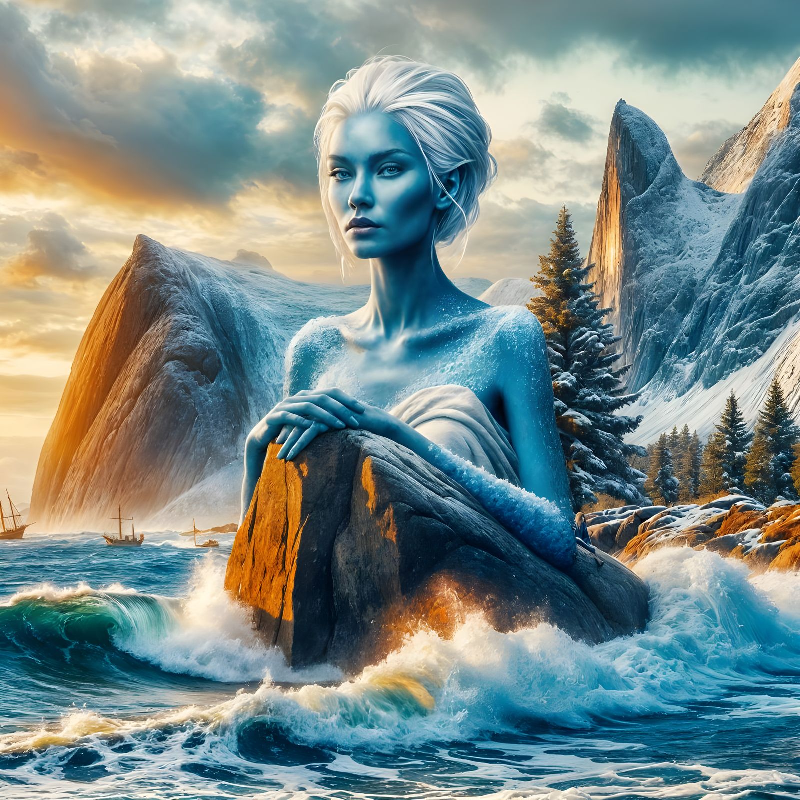 Majestic Nordic Goddess Seated on Boulders in Hyperrealistic...