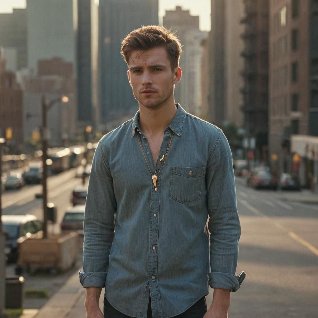 Man in Jeans Shirt with Golden Necklace