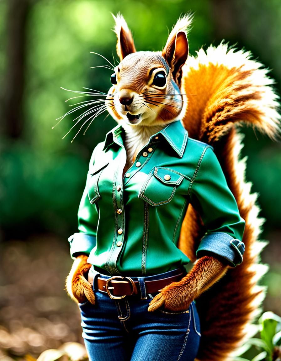 Anthro Squirrel in Blue Jeans and Green Blouse