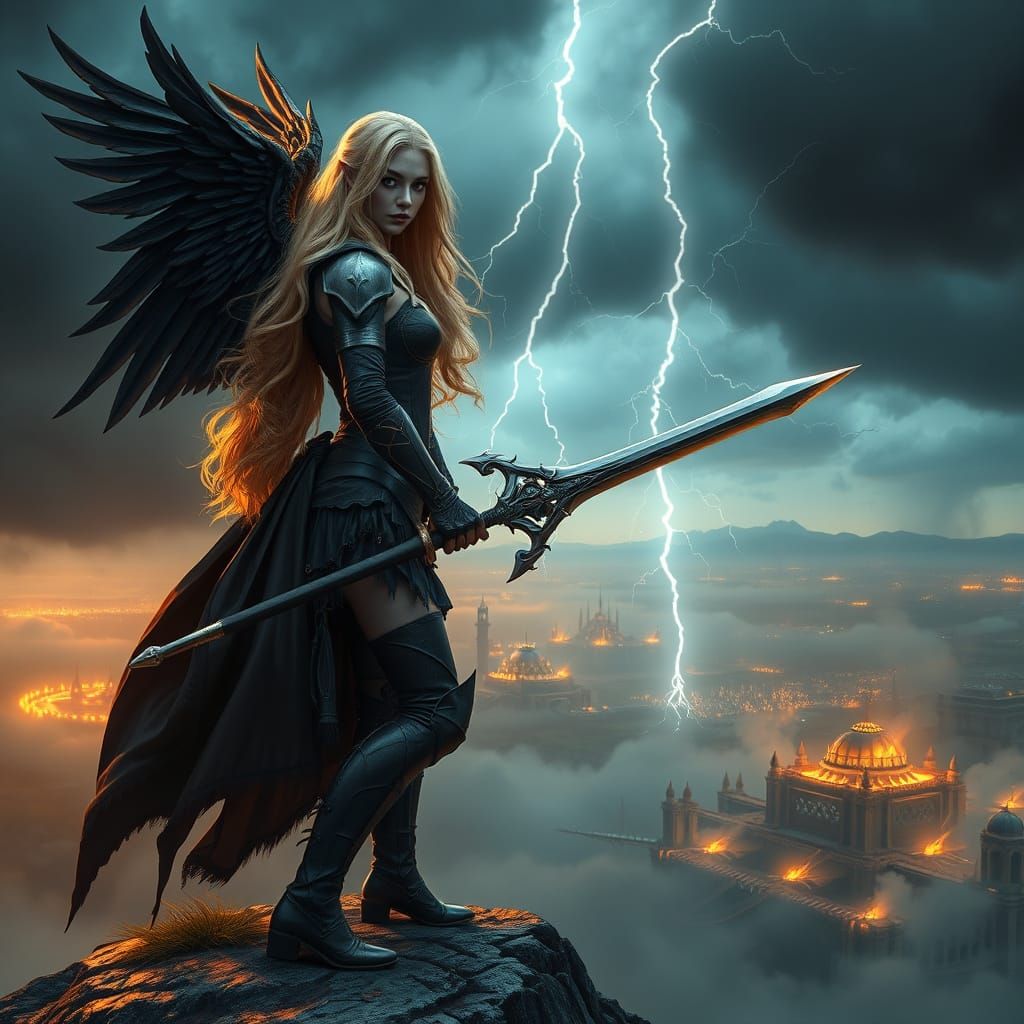 Gothic Valkyrie with Runic Sword on Battlefield