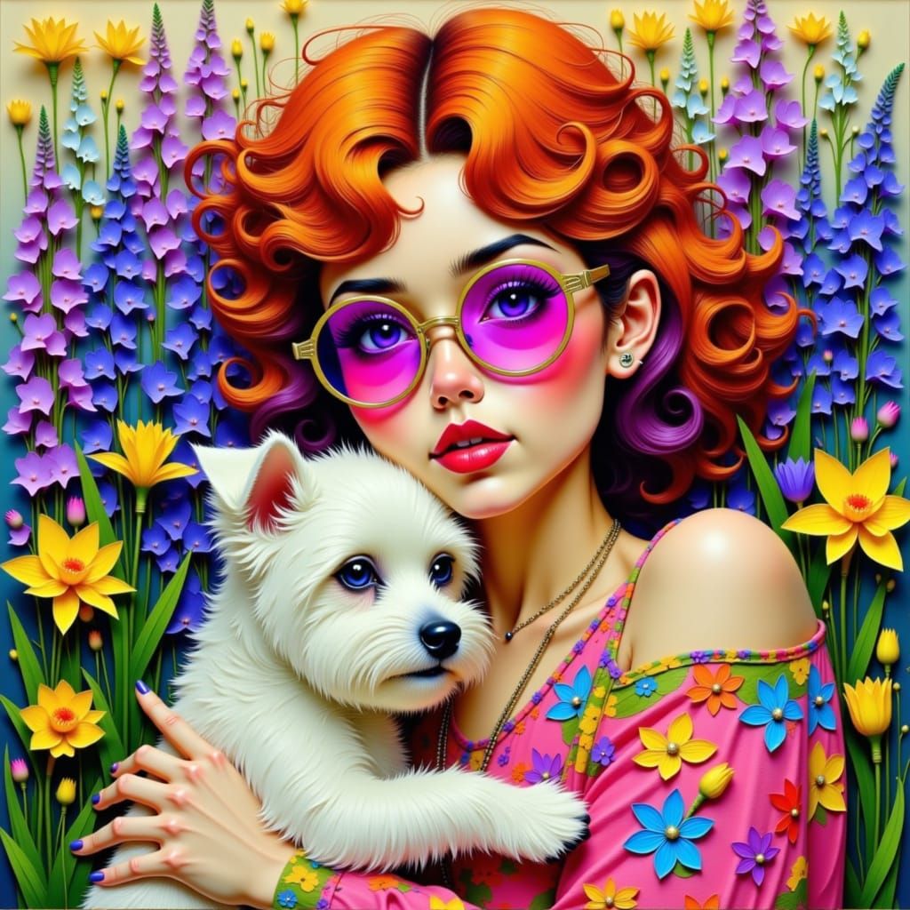 Colorful Hippie Woman with Dog in Pop Art Style