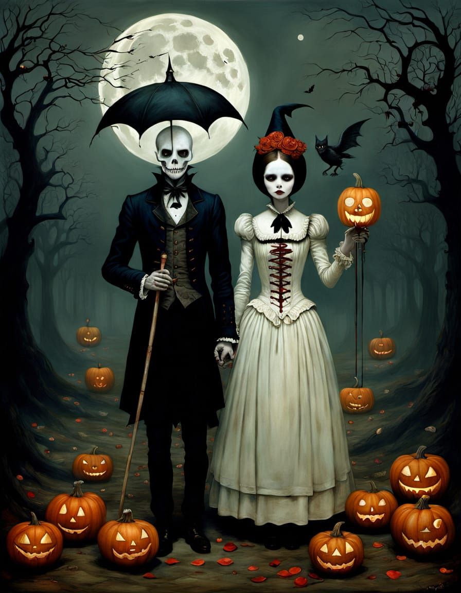 Embracing Couple Abstract Halloween Valentines Oil Painting