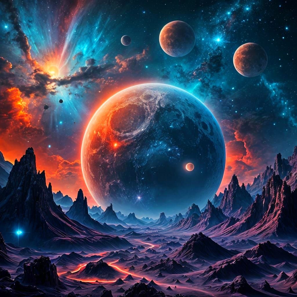 Cosmic Night Sky with Gigantic Moon and Vibrant Nebulae