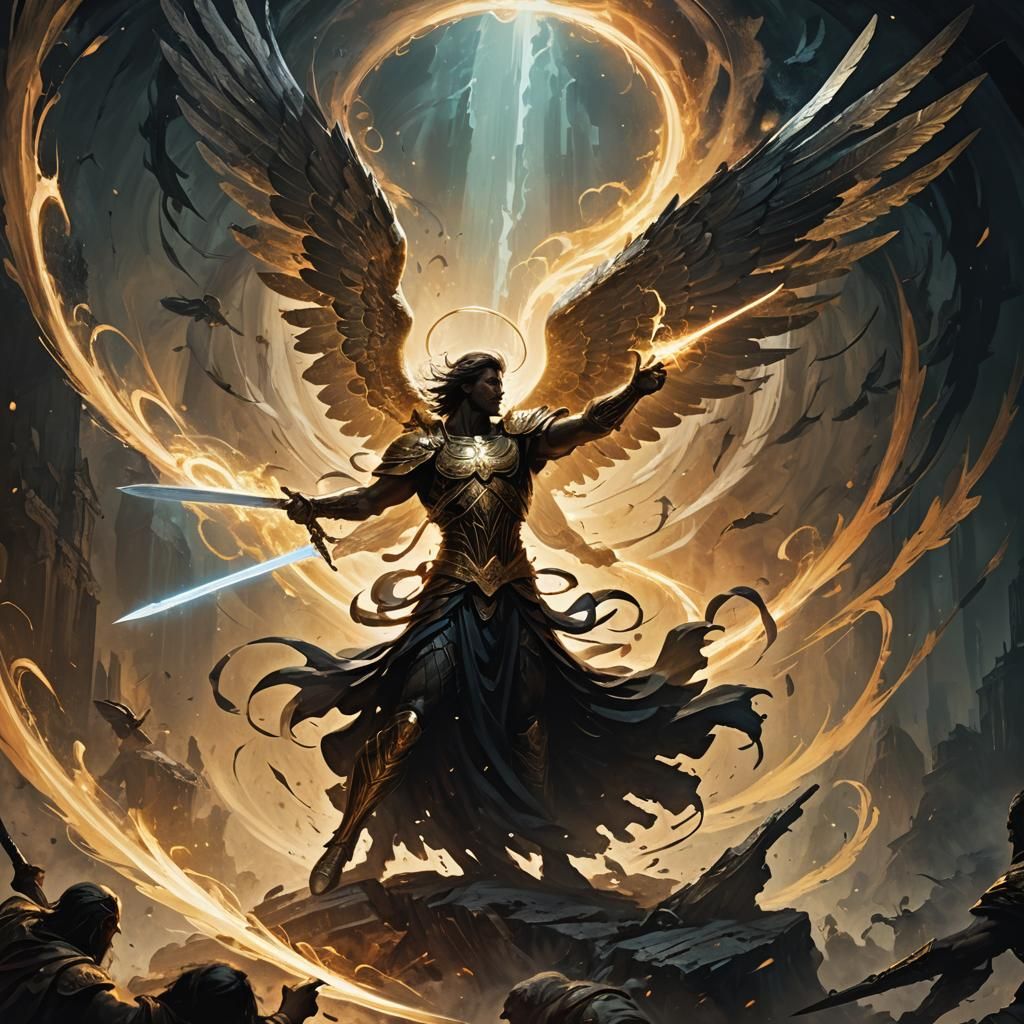 Guardian Angel Battles Dark Entity: Fantasy Art
