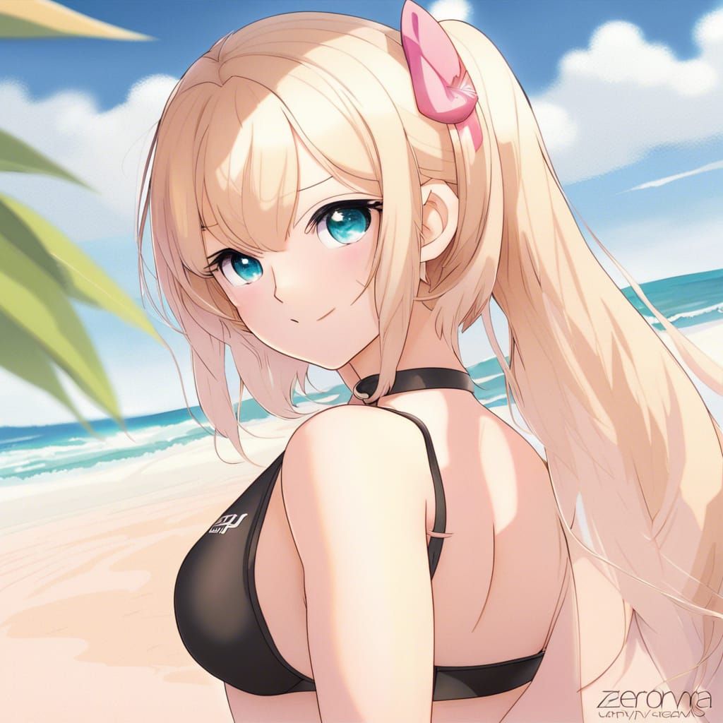 Anime Girl with Heterochromia on Pink Beach