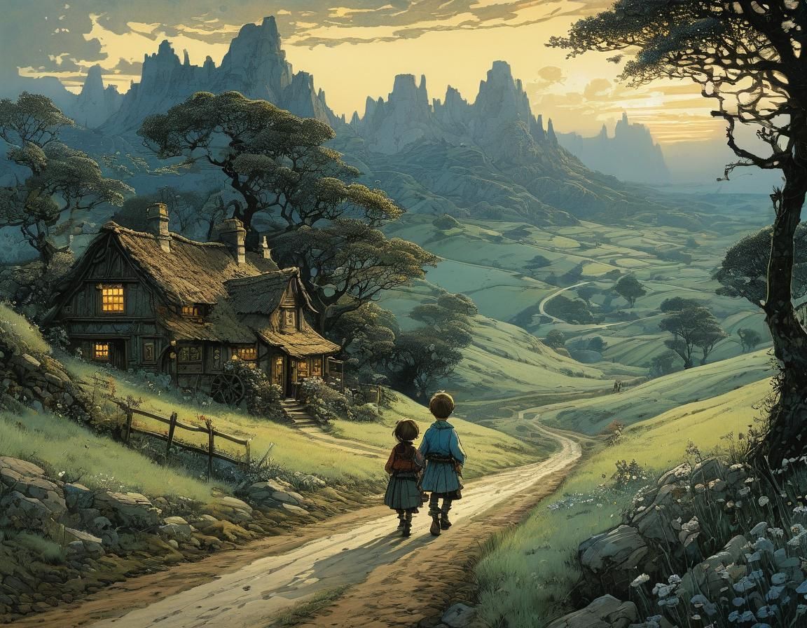 Enchanting Journey: Siblings at Dusk in Detailed Illustratio...