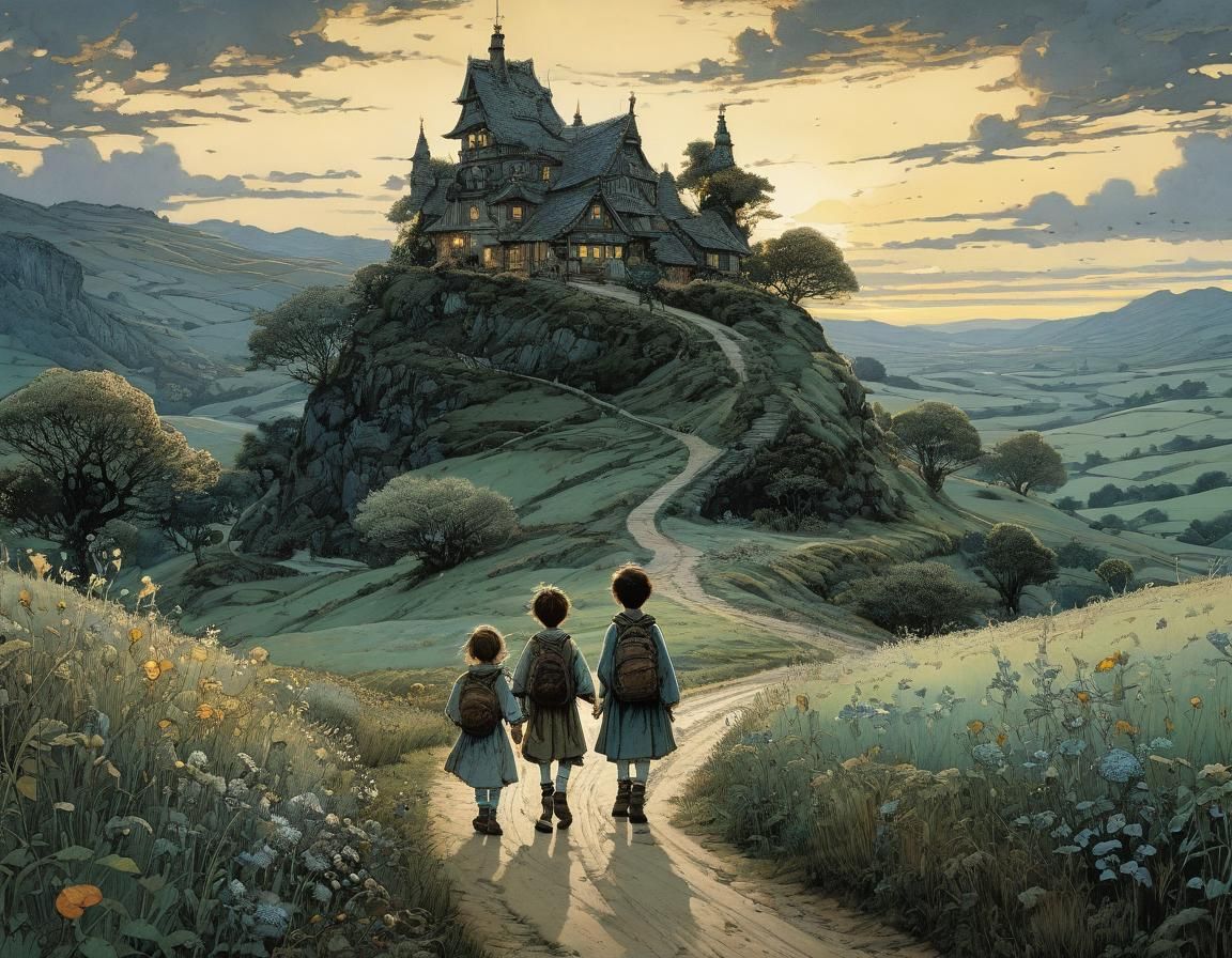 Charming Siblings Journey Through Dusk Landscape