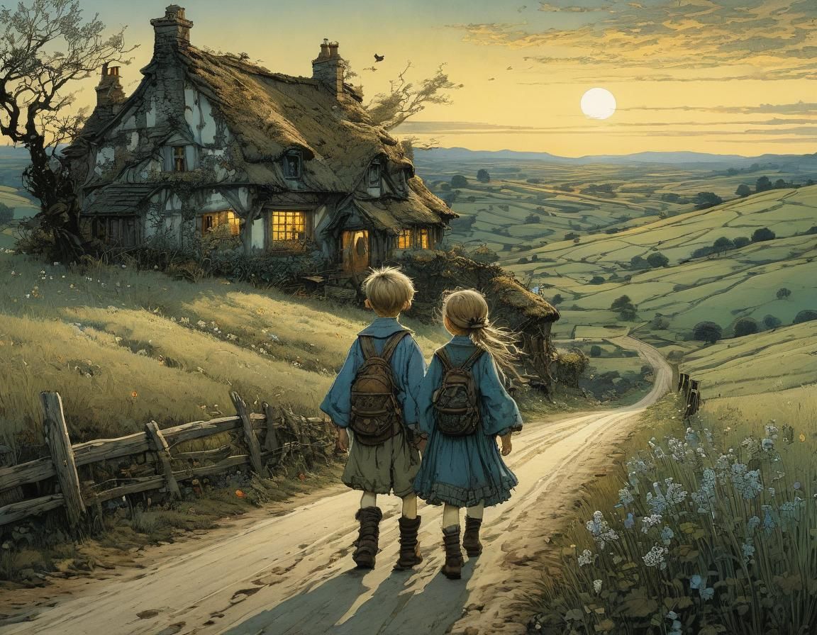 Cute Siblings Journey at Dusk: Fairytale Illustration