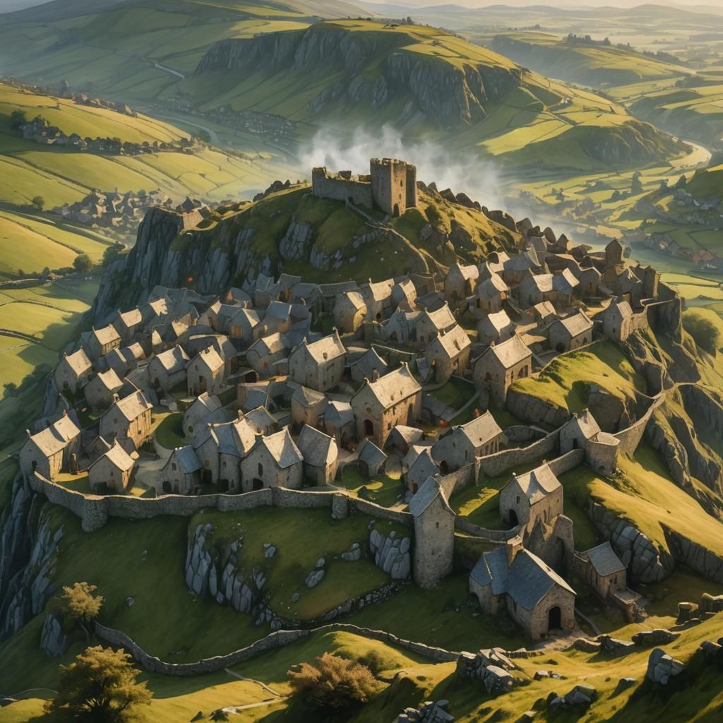 Fantasy Medieval Hilltop Village in Golden Light