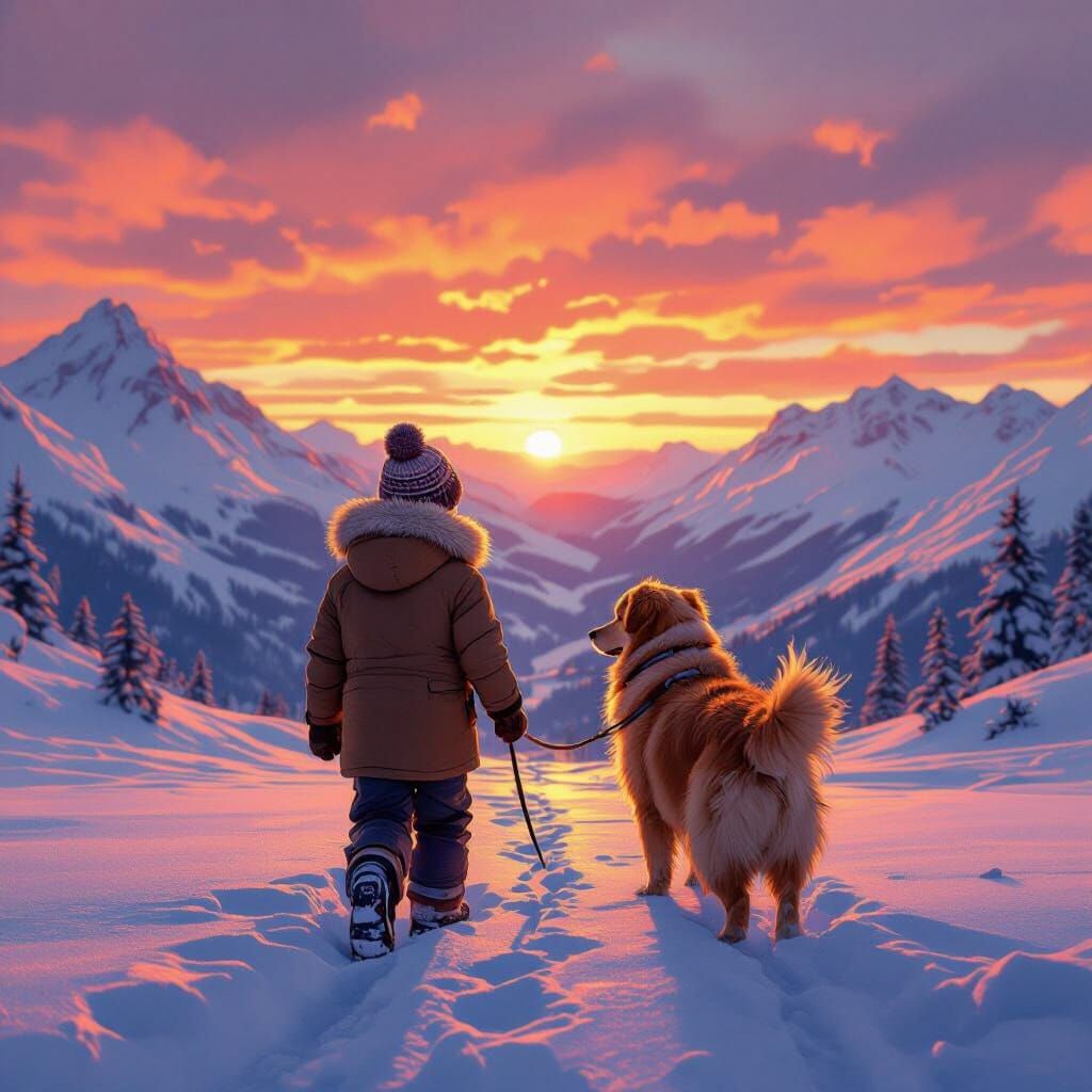 Boy and Dog Explore Snowy Mountains at Sunset