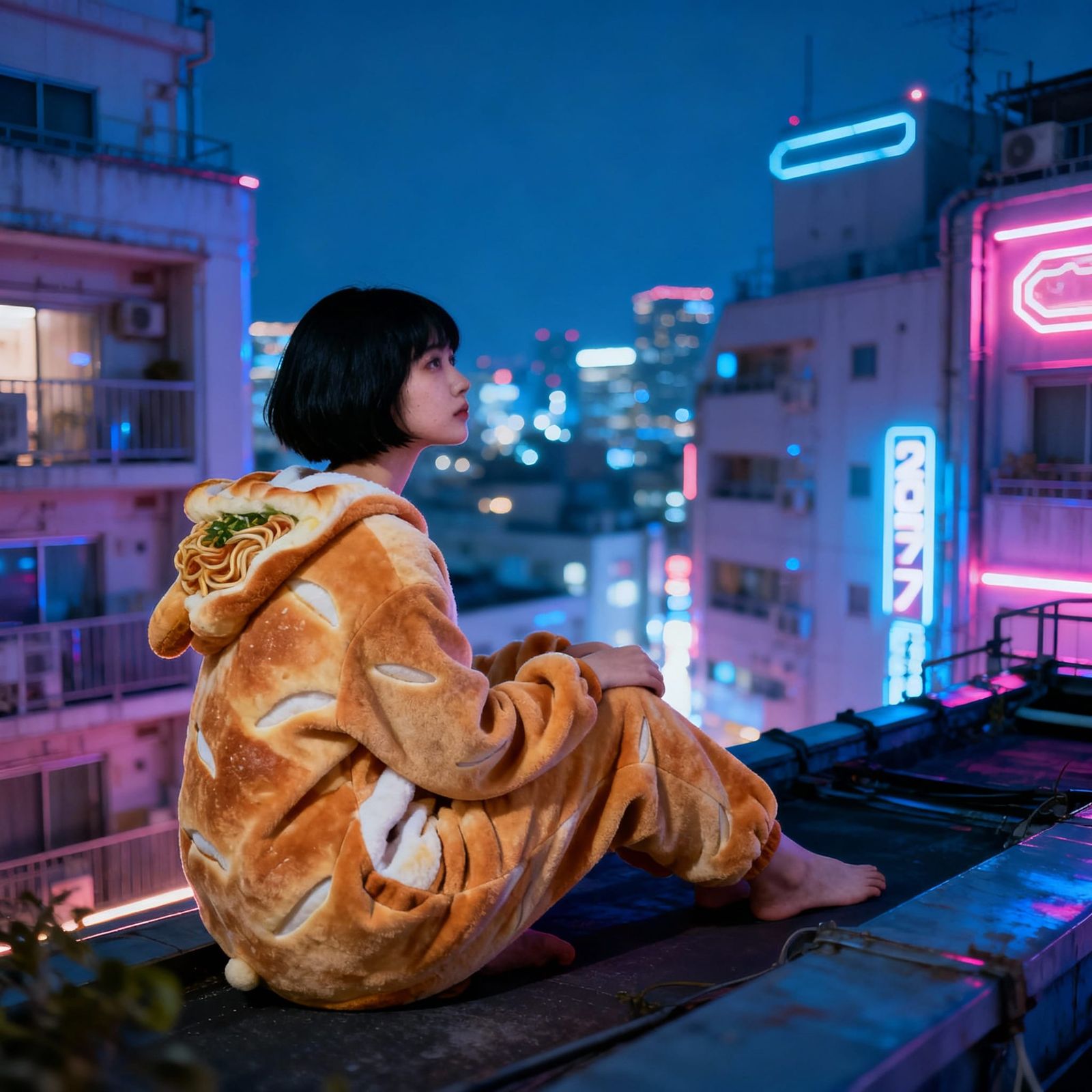 Woman in Yakisoba Onesie on Retro-Futuristic Tokyo Rooftop