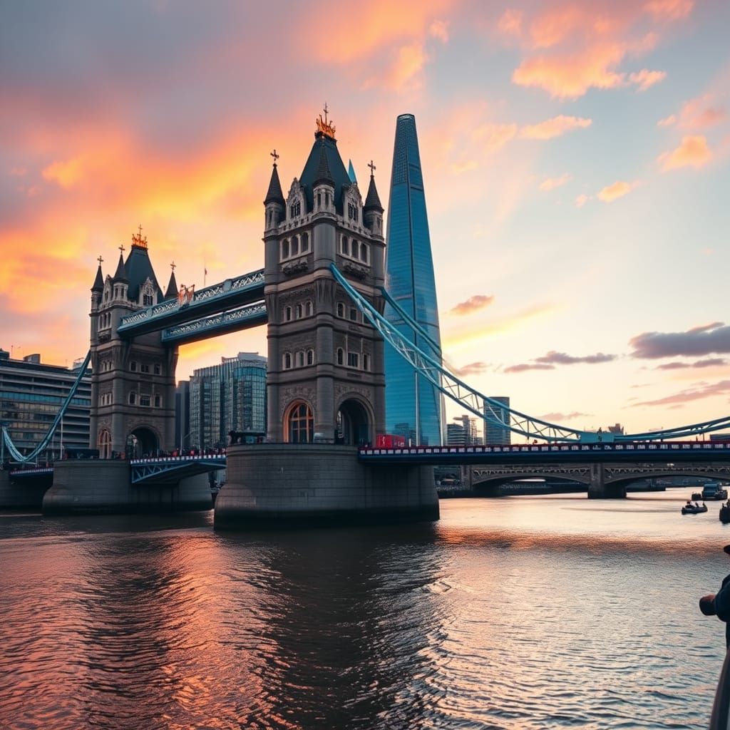 Majestic Tower Bridge London at Sunset with The Shard