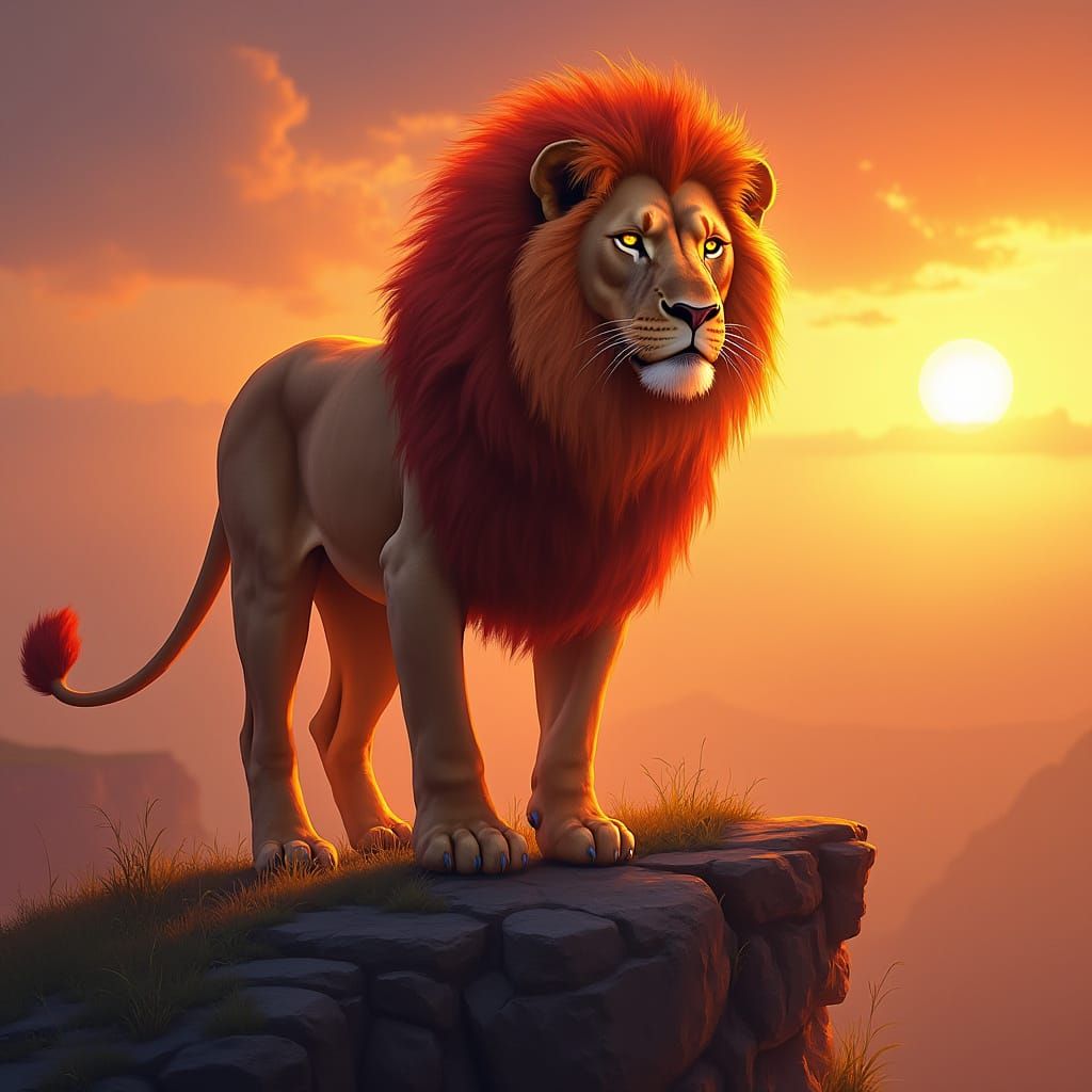 Majestic Lion on Rocky Cliff at Sunset