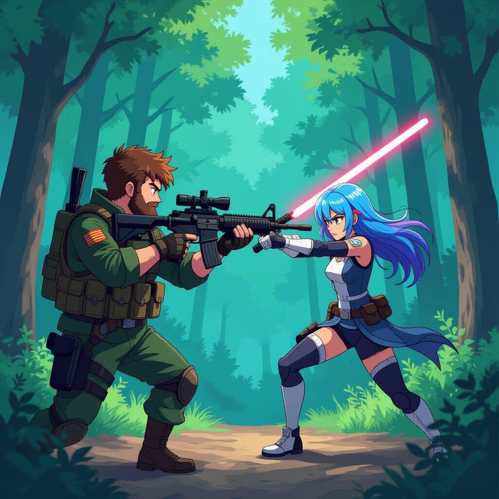 Soldier and Warrior Duel in Forest, Manga Scan Style