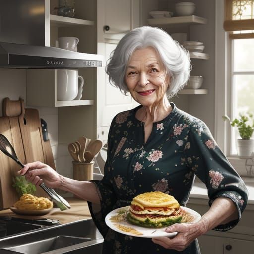 Whimsical Grandma in Colorful Kitchen Scene