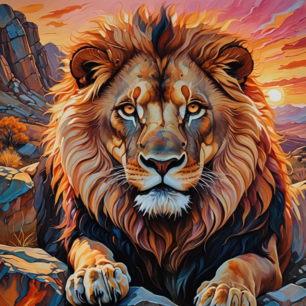 Fiery Lion Made of Light on Rocky Landscape