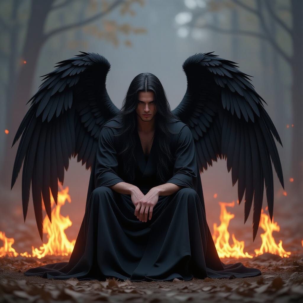 Fallen Angel Sitting Sad in Fire
