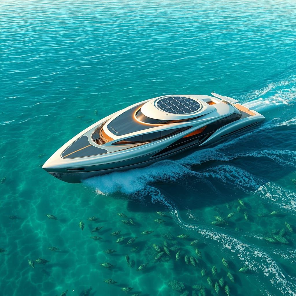 Futuristic Yacht Sails Across Turquoise Ocean in Cyberpunk A...