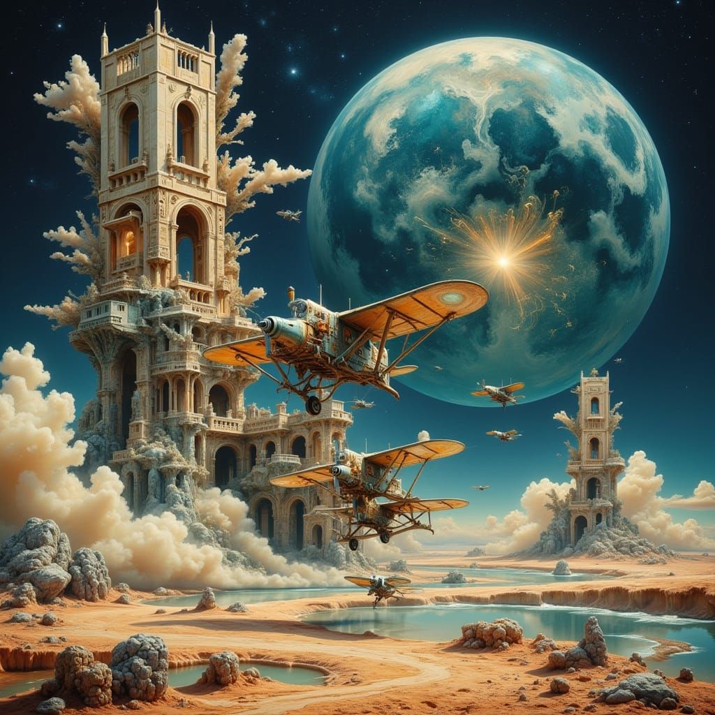 Airplane Lands on Moon in Surreal, Hyperdetailed Scene