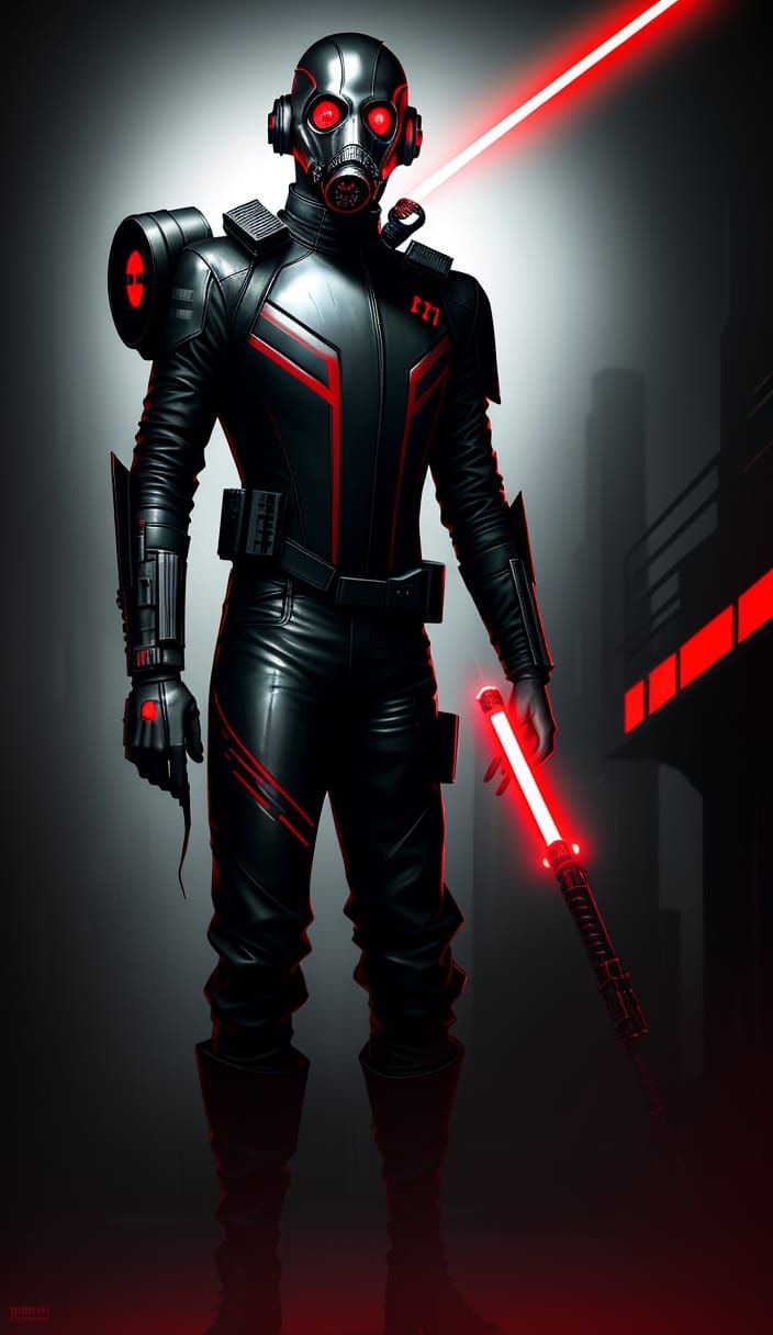 Cyberpunk Male Sith in Red Latex Catsuit and Gasmask