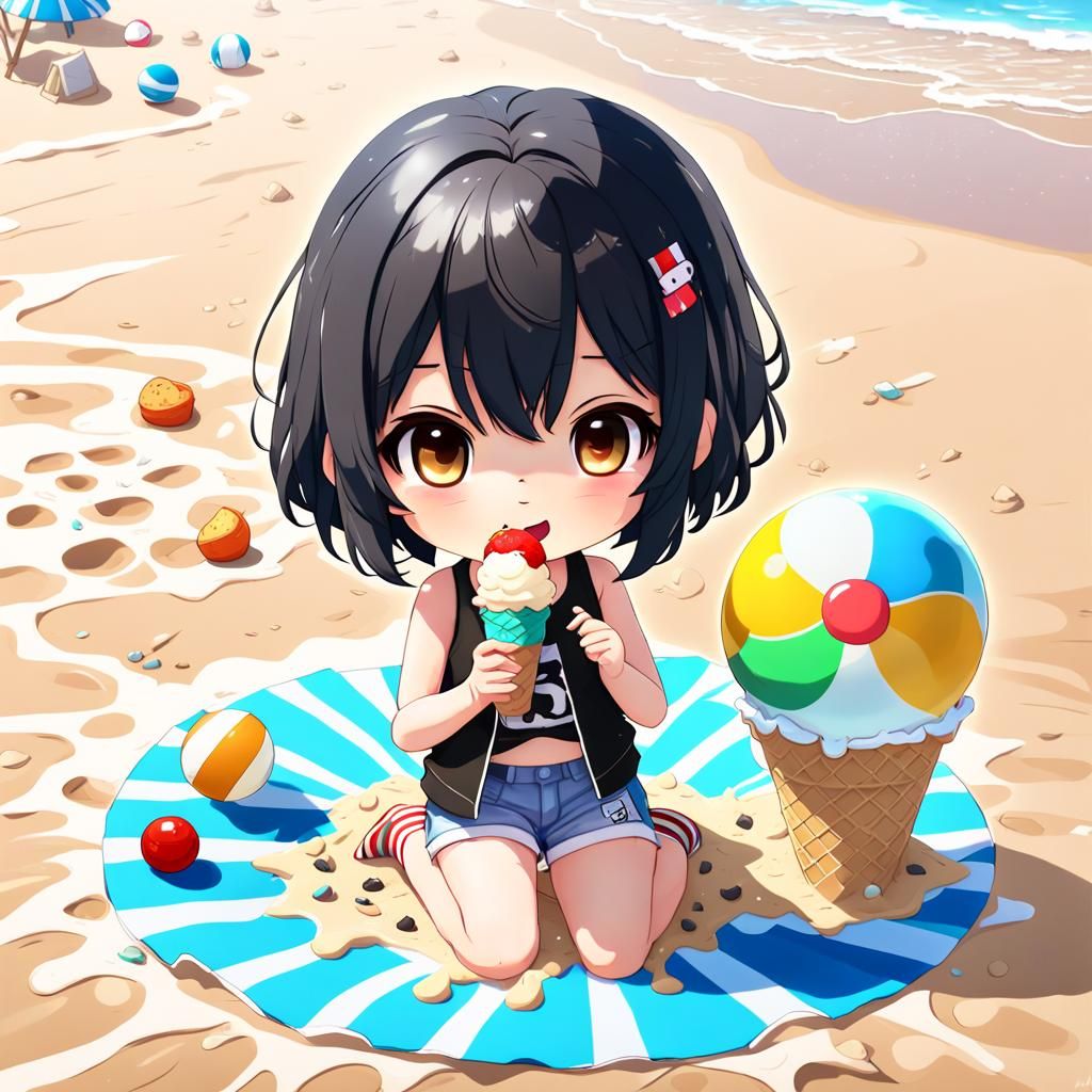Chibi Girl on Beach with Melting Ice Cream