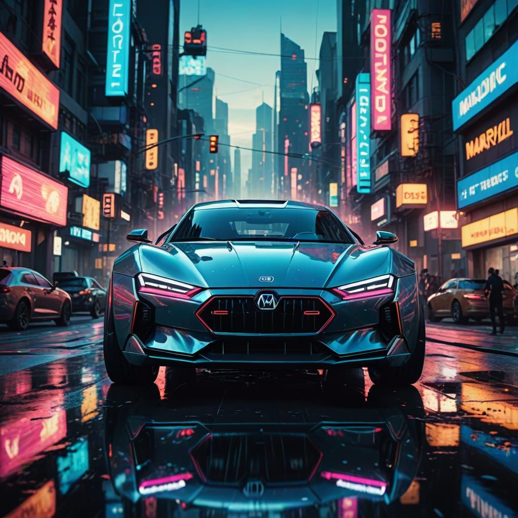 Robot Car Concept Art in Sci-Fi Cityscape