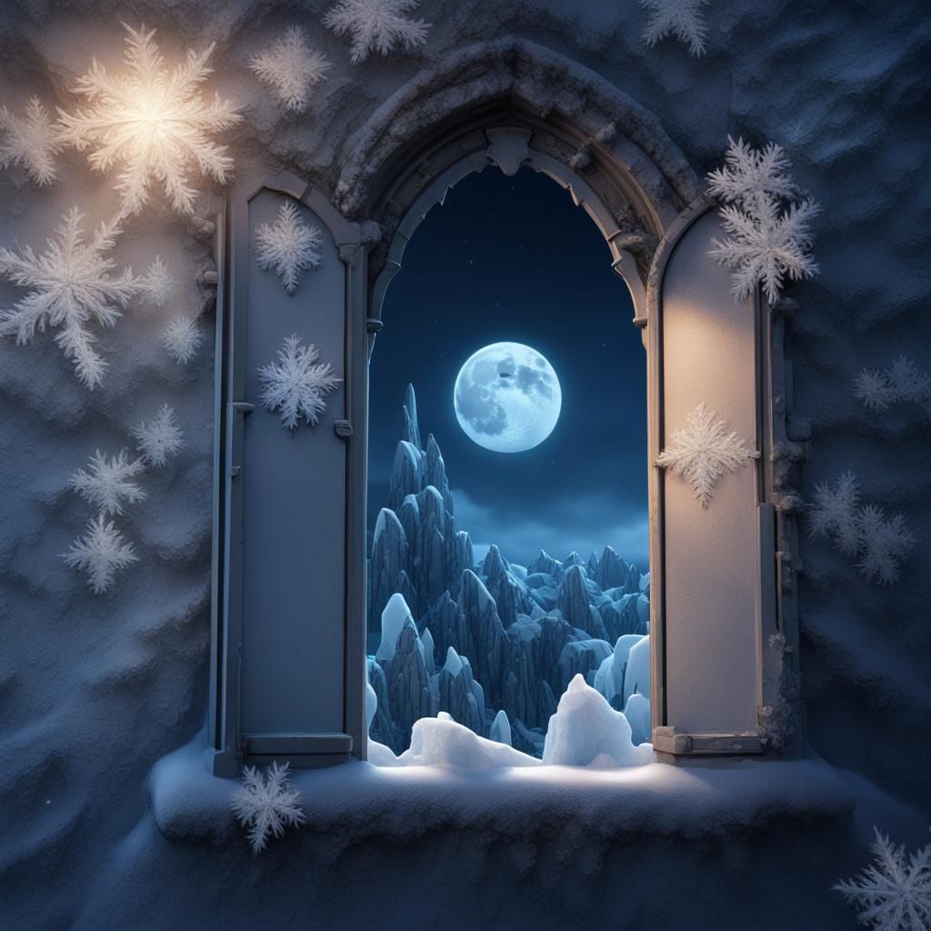 Moonlit Window with Ice Crystals: Fantasy Concept Art