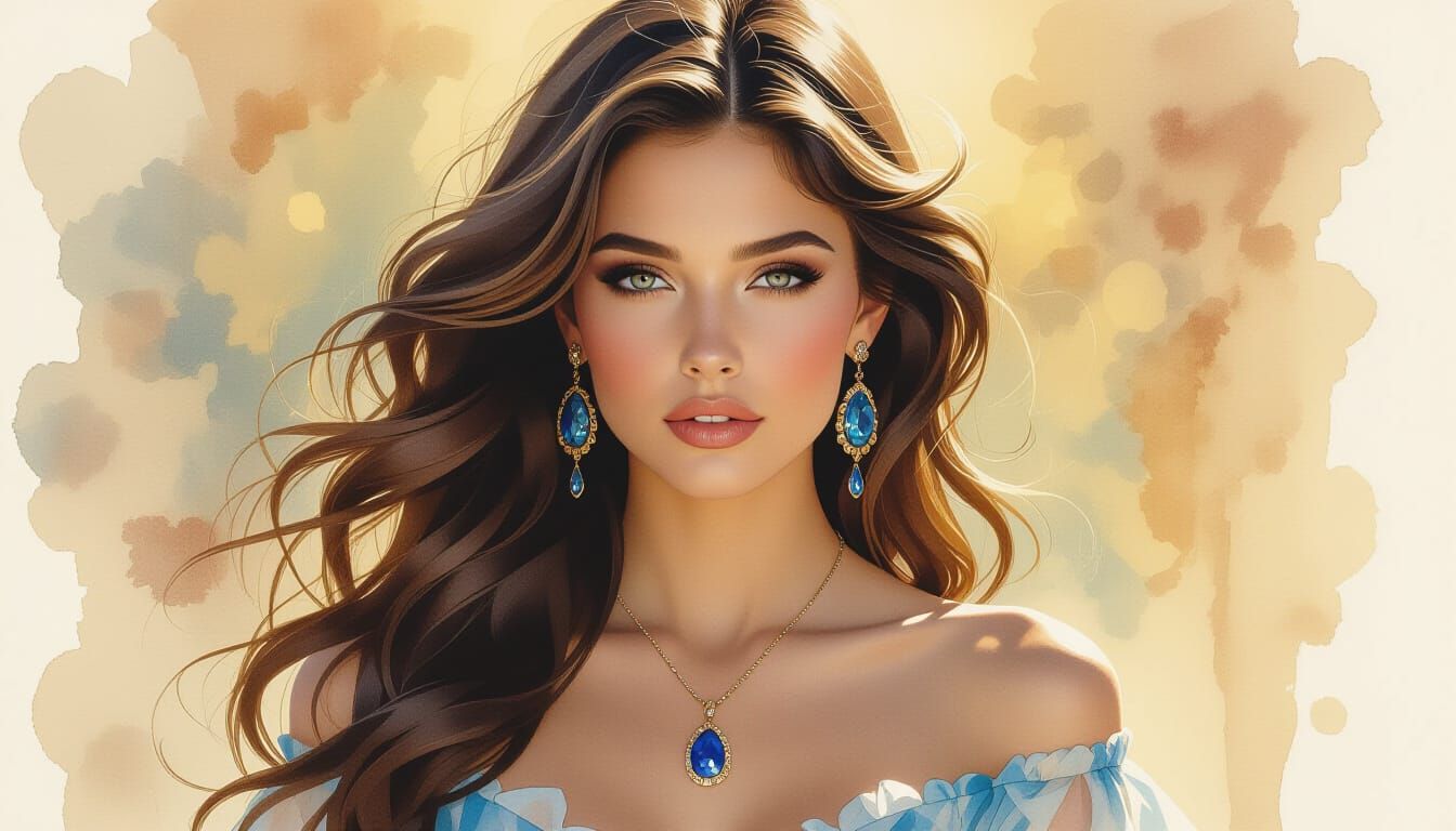 Elegant Woman with Sapphires: Ink and Watercolor Portrait