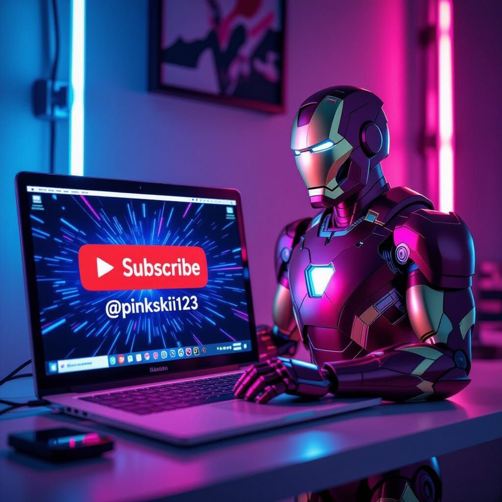 Ironman Watches YouTube on Laptop with Neon Lights